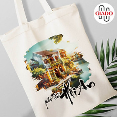 Túi canvas GIADO, túi vải bố, túi tote mẫu Hội An phố cổ chữ thư pháp