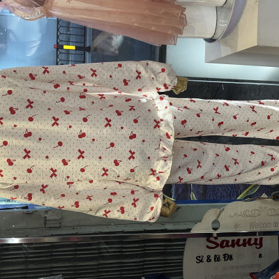 Bộ Đồ Ngủ Cotton Đũi Tay Dài Quần Dài Đính Nơ Thêu Hoa Dễ Thương