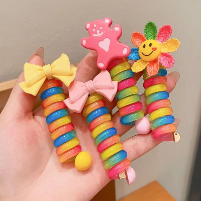 Dây Cột Tóc Dạng Lò Xo Xoắn Tạo Kiểu Màu Cầu Vồng Có Đính Hoa