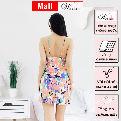 Đồ ngủ nữ WANNBE DNS87 váy ngủ lụa Pháp mềm mịn in họa tiết sơn dầu màu sắc trẻ trung, cúp ngực nhúng phồng đầy đặn