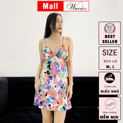 Đồ ngủ nữ WANNBE DNS87 váy ngủ lụa Pháp mềm mịn in họa tiết sơn dầu màu sắc trẻ trung, cúp ngực nhúng phồng đầy đặn