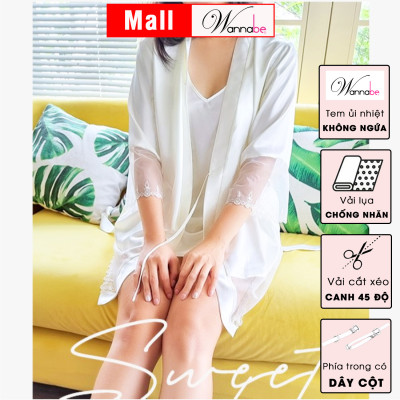 Áo choàng ngủ phi lụa WANNABE KIS06 áo khoác kimono lai áo, lai tay phối ren xinh xắn nữ tính sang trọng