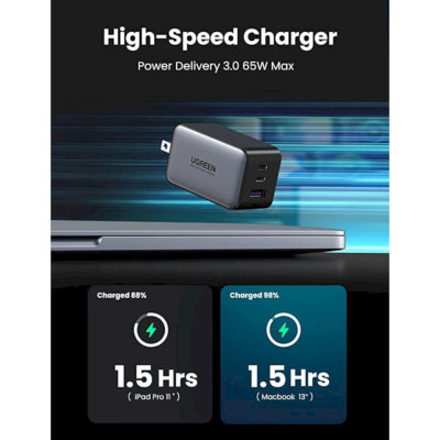 Ugreen UG10334CD244TK 65W 3Port Màu Đen Bộ sạc nhanh PD3.0 GaN sạc siêu nhanh 2 cổng USB-C và 1 Cổng USB-A chân cắm US - HÀNG CHÍNH HÃNG