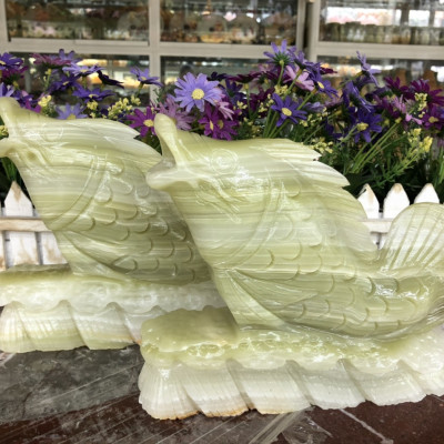 Cặp cá chép vượt vũ môn phong thủy đá ngọc onyx trang trí bàn làm việc - Dài 20 cm