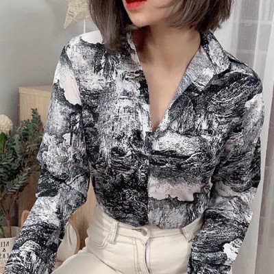 Áo Sơ Mi Tay Dài Họa Tiết Màu Loang Phong Cách Hàn Quốc Cho Nữ HB81