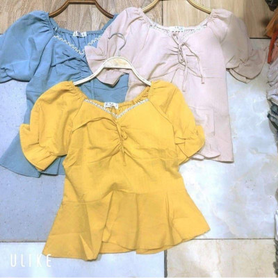 Áo sơ mi đũi ngắn thiết kế nhún ngực siêu xinh