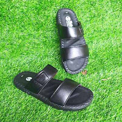 Dép nam đế cao 3cm da bò thật may viền Trường Hải màu đen DN145