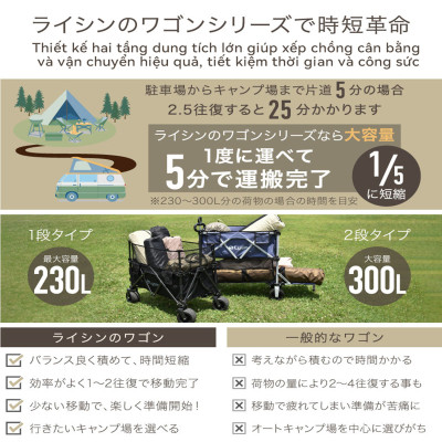 Xe kéo dã ngoại 2 tầng ngoài trời du lịch cắm trại, picnic đa năng bánh xe rộng có khóa cố định dung tích 300l gấp gọn được camping