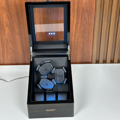 [BH 2 Năm Động Cơ] Hộp Đồng Hồ Cơ 3 Xoay + 3 Tĩnh SAIKE Vỏ Gỗ Sơn Vân Gỗ Mun Có Đèn Led