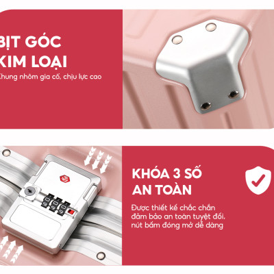 Vali khung nhôm khóa sập Bamozo 9066 size 20/24/28 inch bịt 4 góc kim loại chống va đập bảo hành 5 năm - BẢN THƯỜNG