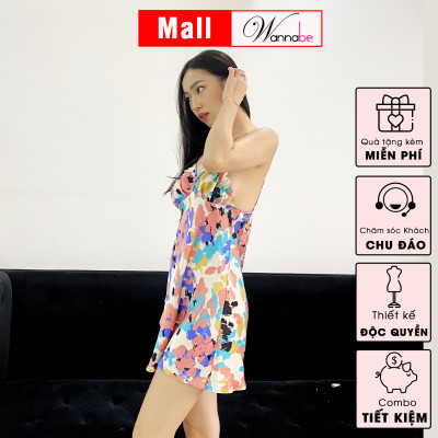 Đồ ngủ nữ WANNBE DNS87 váy ngủ lụa Pháp mềm mịn in họa tiết sơn dầu màu sắc trẻ trung, cúp ngực nhúng phồng đầy đặn