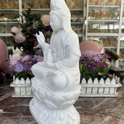 Tượng Phật Bà Quan Thế Âm Bồ Tát ngồi đài sen đá cẩm thạch trắng - Cao 40 cm