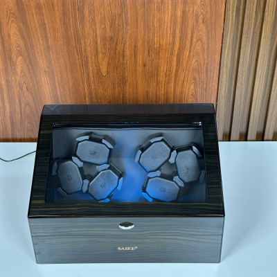 [BH 2 Năm Động Cơ] Hộp Đồng Hồ Cơ 6 Xoay + 6 Tĩnh SAIKE Vỏ Gỗ Sơn Vân Gỗ Mun Có Đèn Led