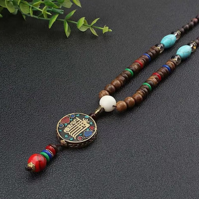 VÒNG CỔ CHUỖI HẠT GỖ CHỦNG TỰ KALACHAKRA VÀ NGỌC LAM TÂY TẠNG