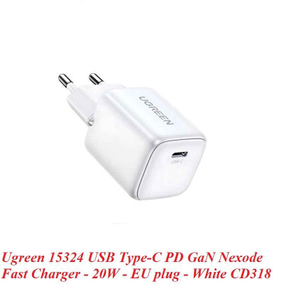 Ugreen UG15324CD318TK 20W 1c GaN Nexode chuẩn cắm EU chân tròn Màu Trắng Củ sạc nhanh USB-C - HÀNG CHÍNH HÃNG