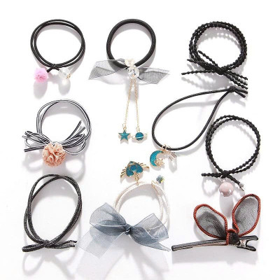 Sét 9 dây buộc tóc và kẹp xinh xắn, có kèm túi lưới phong cách Hàn Quốc, giao màu ngẫu nhiên