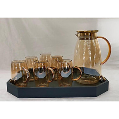 COMBO BỘ BÌNH CỐC THỦY TINH MÀU VÀNG GÔN CHỊU NHIỆT CAO CẤP KÈM KHAY ( KHAY XANH GIAO NGẪU NHIÊN )