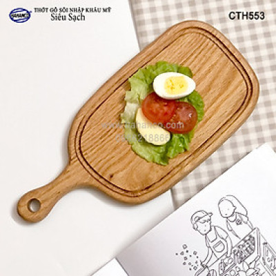 Thớt tay cầm gỗ Sồi Mỹ (OAK) có rãnh bao quanh tiện dụng (CTH553) hàng Xuất Khẩu Châu Âu - khay bánh mì/trái cây/ bít tết/ pizza/ phụ kiện chụp ảnh, bày món ăn trong nhà hàng - Sang trọng trên bàn ăn - HAHANCO