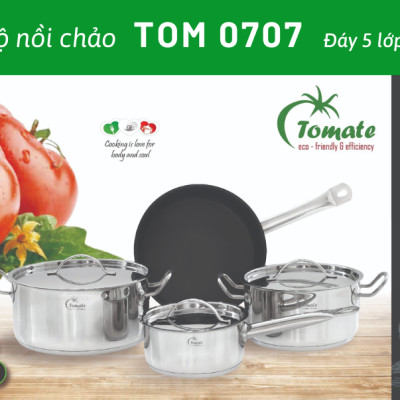 Bộ Nồi Chảo Inox 304 – 7 Món TOM 0707 - Nồi từ - 5 lớp đáy - chảo chống dính - nắp inox 