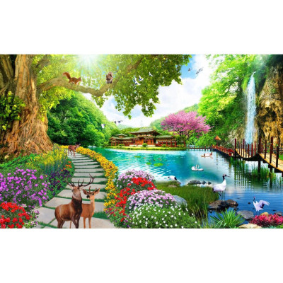 Tranh dán tường thác nước - phong cảnh thác nước - vải lụa phủ kim tuyến