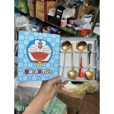 Set 4 Thìa Muỗng Doraemon Inox 304 mạ vàng Cho Bé