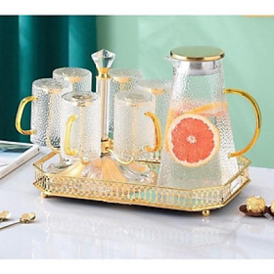 Sét bình đựng nước uống thuỷ tinh chịu nhiệt cao cấp có kèm khay và giá úp cốc siêu sịn, đảm bảo an toàn cho sức khoẻ