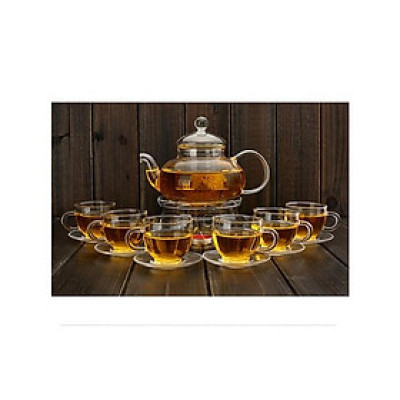 Bộ ấm chén thủy tinh pha trà 600ml kèm 6 đĩa lót tách ( tặng thêm 1 đĩa lót ấm )