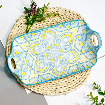 Bộ Bát Đĩa Thương Hiệu GosuTráng Men Cao Cấp Họa Tiết Thổ Cẩm Ấn Xanh Bắt Mắt, Chịu Nhiệt Cao