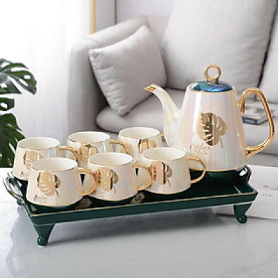 Bộ ấm chén kèm khay có chân  pha trà cà phê sứ xương cao cấp ánh trai mẫu mới 2021 - VD54 ( Giao ngẫu nhiên hình lá )