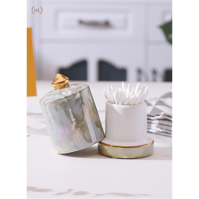 HŨ TĂM SỨ 3D | Lọ Đựng Tăm Vân Đá 3D Chất Liệu Sứ Cao Cấp 2022 | Hũ sứ có nắp đậy vân đá cao cấp kẻ vàng kim