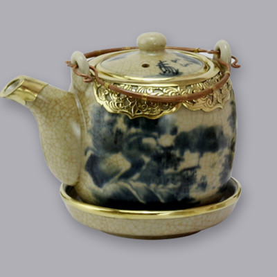 Bộ ấm chén Vại men rạn bọc đồng gốm sứ Bát Tràng (bộ bình uống trà, bình trà)