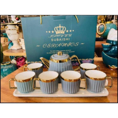 BỘ ẤM CHÉN PHA TRÀ CÀ PHÊ DÁNG THẤM MÀU GHI VIỀN VÀNG