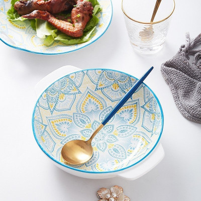 Bộ Bát Đĩa Thương Hiệu GosuTráng Men Cao Cấp Họa Tiết Thổ Cẩm Ấn Xanh Bắt Mắt, Chịu Nhiệt Cao