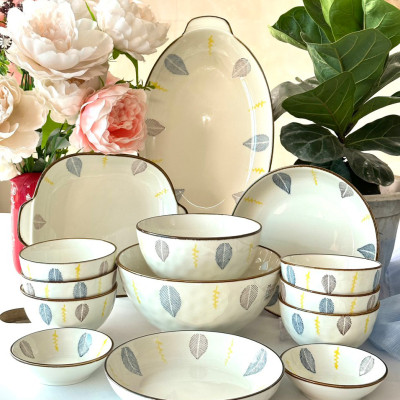 Bộ Bát Hoạ Tiêt Lá Viền Nâu Thương Hiệu Gosu Tráng Men Cao Cấp, Hoạ Tiết Vẽ Tay Đẹp