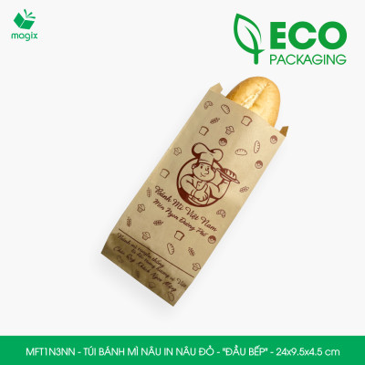 MFT1N3NN - 24x9.5x4.5 cm - 200 Túi bánh mì Nâu, in sẵn họa tiết ĐẦU BẾP - Bao bánh mì Túi giấy thực phẩm an toàn