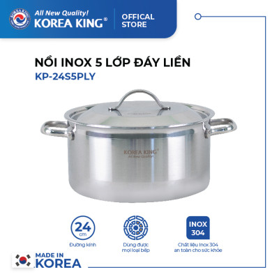 KP-24S5PLY Nồi inox 5 lớp đáy liền Korea King (Nồi, nắp đều bằng inox, đường kính 24cm, dung tích 5L)-Hàng chính hãng