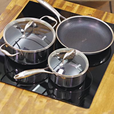 Bộ 3 nồi chảo iMat Hybrid đa năng gồm 1 nồi nhỏ 16cm, 1 nồi nông vừa 22cm và 1 chảo chiên 24cm