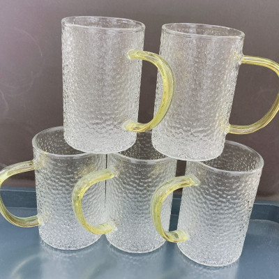 BỘ 6 CỐC THỦY TINH UỐNG NƯỚC CHỊU NHIỆT 350ml CRYSTAN CAO CẤP VÂN DẬP NỔI QUAI VÀNG  - ANTH413