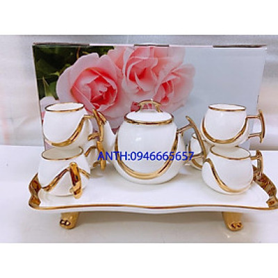 BỘ ẤM CHÉN TAY VUÔNG KÈM KHAY SỨ CÓ CHÂN PHA TRÀ CÀ PHÊ TRẮNG VÀNG PHONG CÁCH HOÀNG GIA SANG TRỌNG