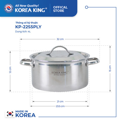 KP-22S5PLY Nồi inox 5 lớp đáy liền Korea King (Nồi, nắp đều bằng inox, đường kính 22cm, dung tích 4L)-Hàng chính hãng