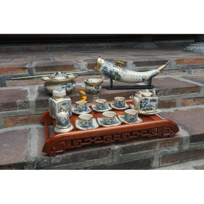 Bộ ấm trà Bát Tràng men rạn cổ dáng tích vuông bọc đồng chọn bộ