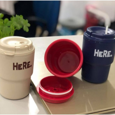 Combo cốc giữ nhiệt có nắp xoay Here 320ml + set 150 chiếc ống hút φ5x180mm - made in Japan