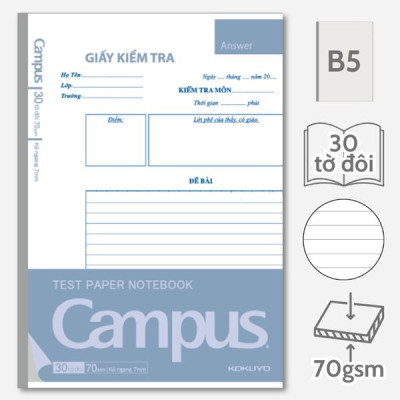 Giấy Kiểm Tra Kẻ Ngang Dạng Vở - Campus TPN-B5L30 (30 Tờ Đôi)