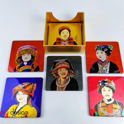 BỘ 6 LÓT CỐC SƠN MÀI HÌNH CÁC CÔ GÁI DÂN TỘC.