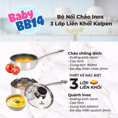 Bộ Nồi Chảo Inox 3 Lớp Liền Khối Kalpen Baby BB14 size 14cm