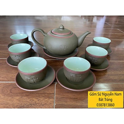 Ấm Chén Trà Tử Sa Khắc Chữ Phúc Lộc Thọ Bát Tràng Tống Xanh Chỉ Đỏ lòng xanh