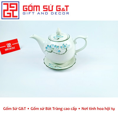 Bộ trà chóp lửa men kem vẽ sen xanh Gốm Sứ G&T