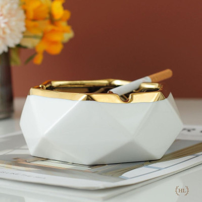 Gạt Tàn Sứ | Gạt Tàn Hoàng Kim Chất Liệu Sứ Kẻ Viền Vàng Phong Cách Tân Cổ Điển NORDIC