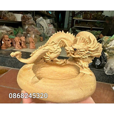 Gạt tàn khắc rồng bằng gỗ bách xanh thơm phức kt 15x10×9cm 
