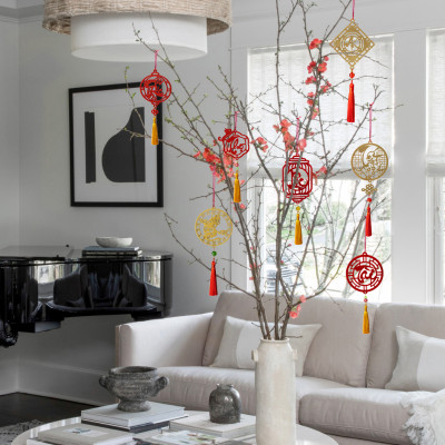 Bộ 11 dây treo trang trí Tết, phụ kiện handmade bằng gỗ sơn đỏ sang trọng , treo Mai, Đào, Lan- COMBO MIX11